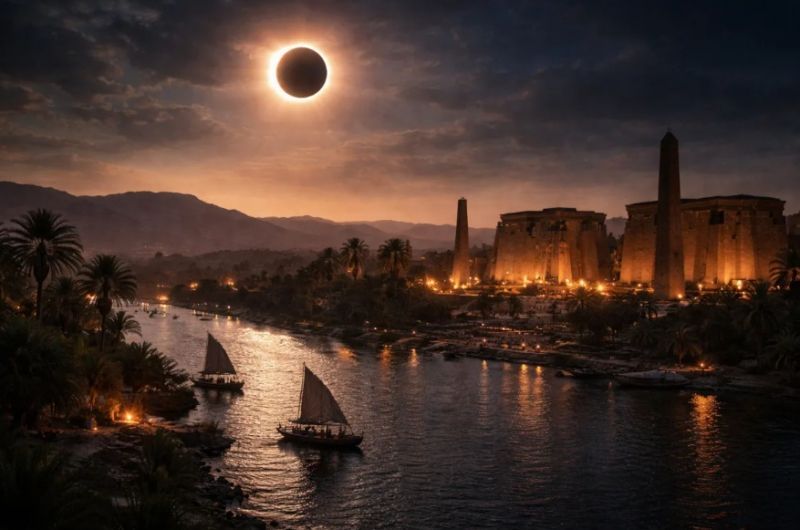 Éclipse solaire en Égypte au-dessus du Nil et des temples de Louxor