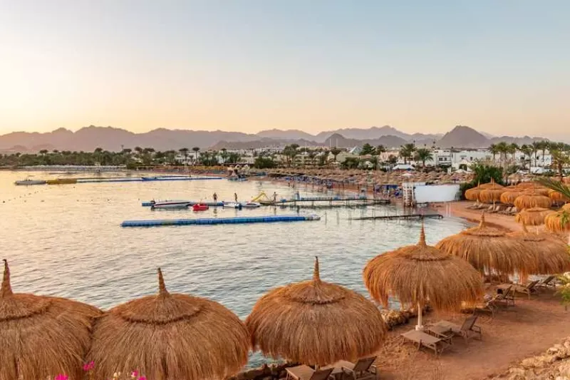 Spiaggia del Mar Rosso con acqua turchese e coralli