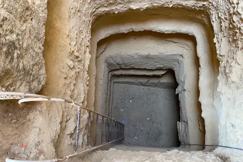 Underground Osiris Tomb in Giza with carved stone chambers and central sarcophagus