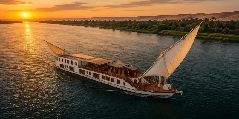 Dahabeya traditionnelle voguant sur le Nil au coucher du soleil