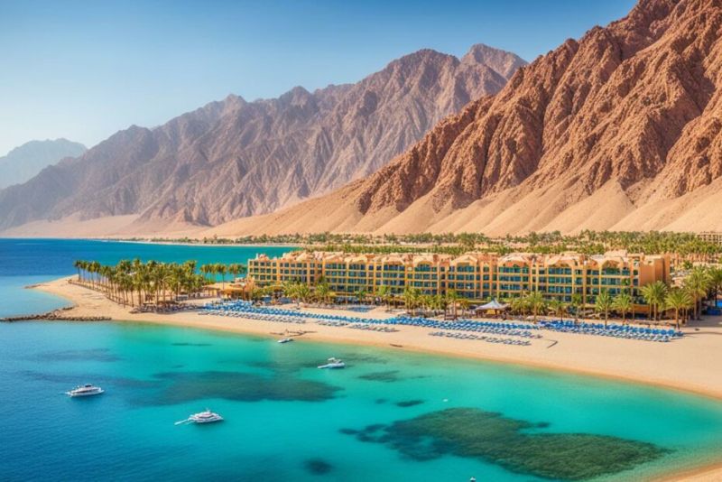 Vue panoramique de Taba Égypte entre montagnes du Sinaï et mer Rouge