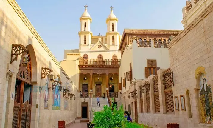Hanging Church interior with wooden ceiling and ancient columns, Old Cairo, Egypt